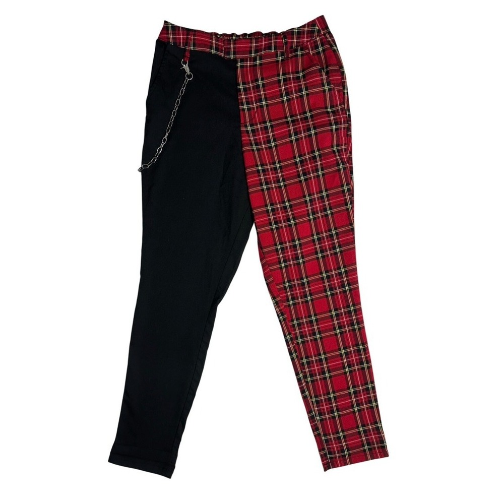 HOT TOPIC Women's Sz: M Black Red Plaid Punk Trap SteamPunk Chain Pants